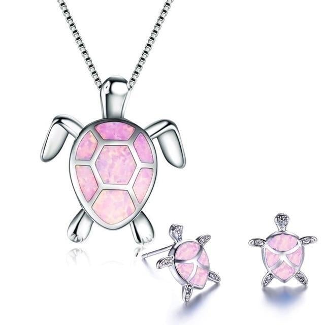 Bohemian Opal Sea Turtle Necklace and Earrings Set in Silver