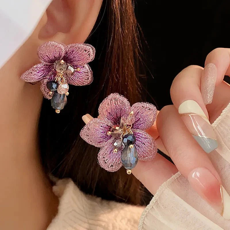 Purple oriental hibiscus floral earrings 551507