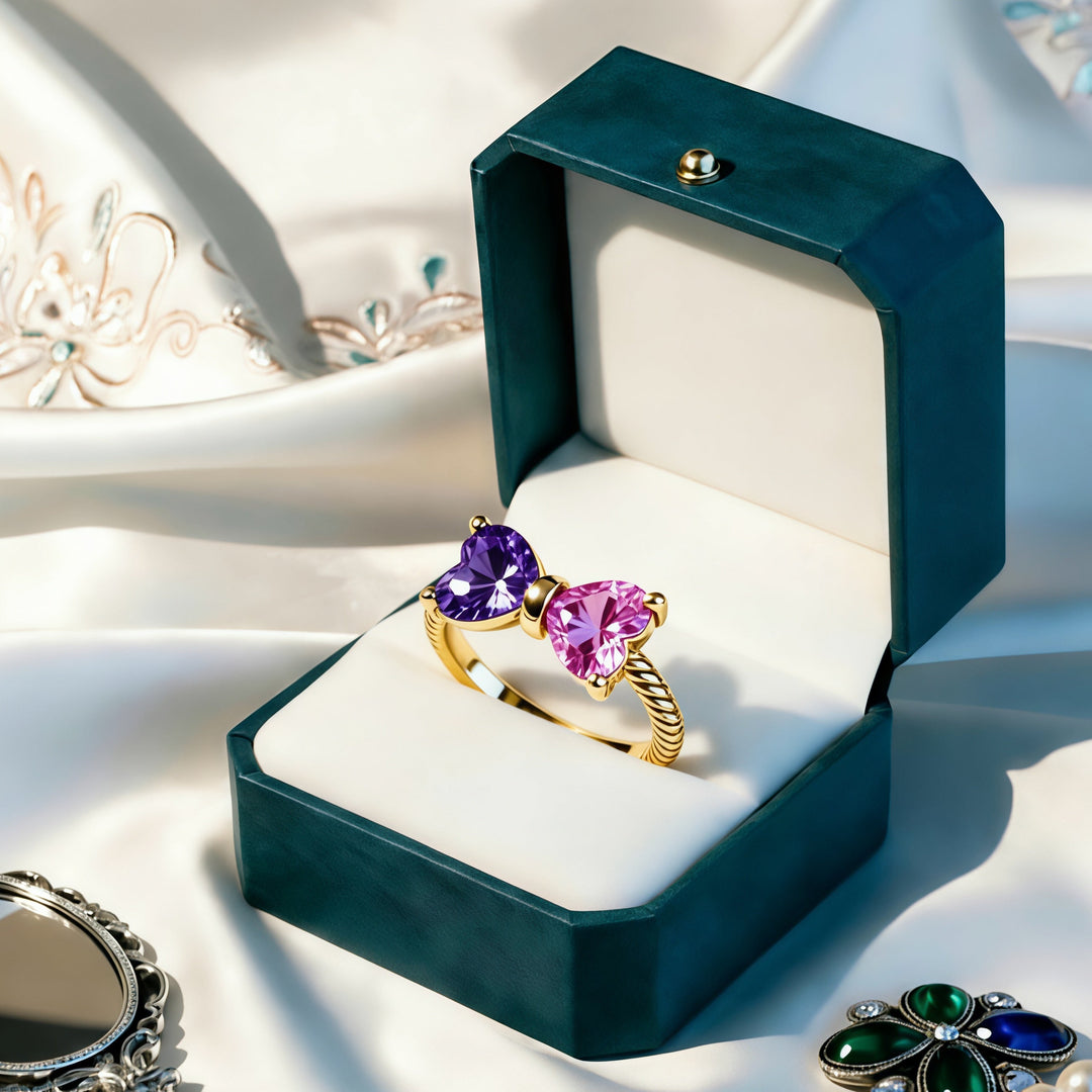 Double Birthstones Ring With Bow & Twisted Rope Band In Gold