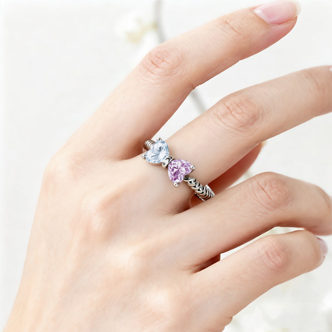 Double Birthstones Ring With Bow & Twisted Rope Band In Gold