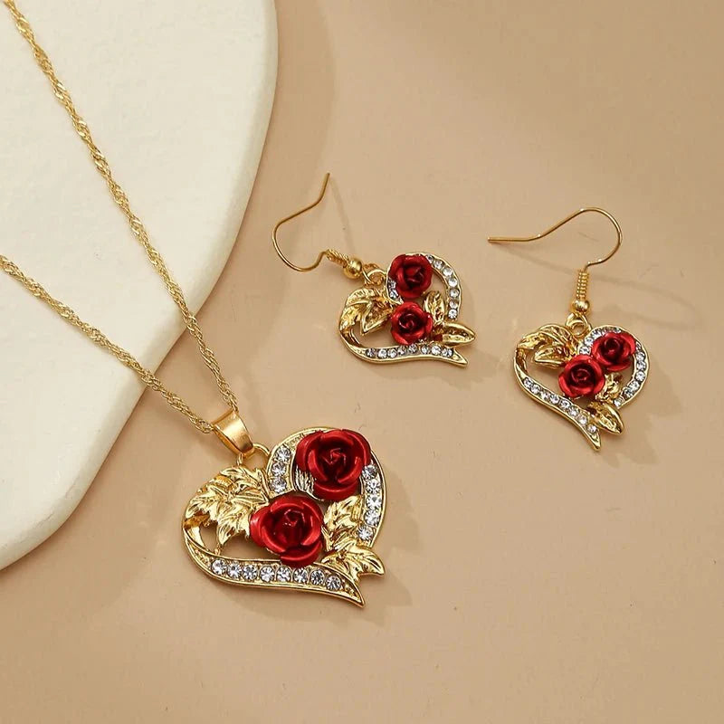Romantic heart rose diamond necklace and earring set 487426