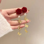 Load image into Gallery viewer, Romantic Rose Pearl Butterfly Dangle Earrings
