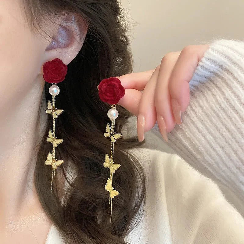 Romantic rose pearl butterfly dangle earrings 586209