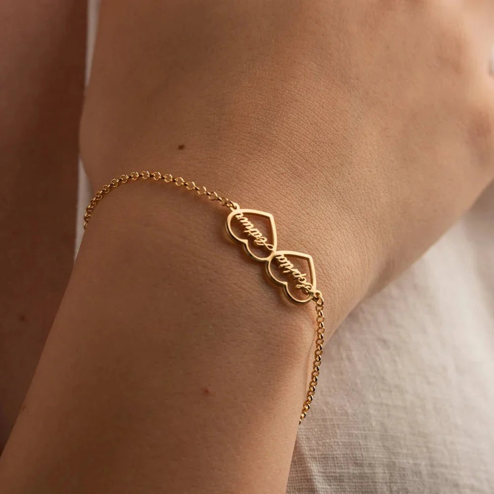 Romantic two heart & name couples bracelet