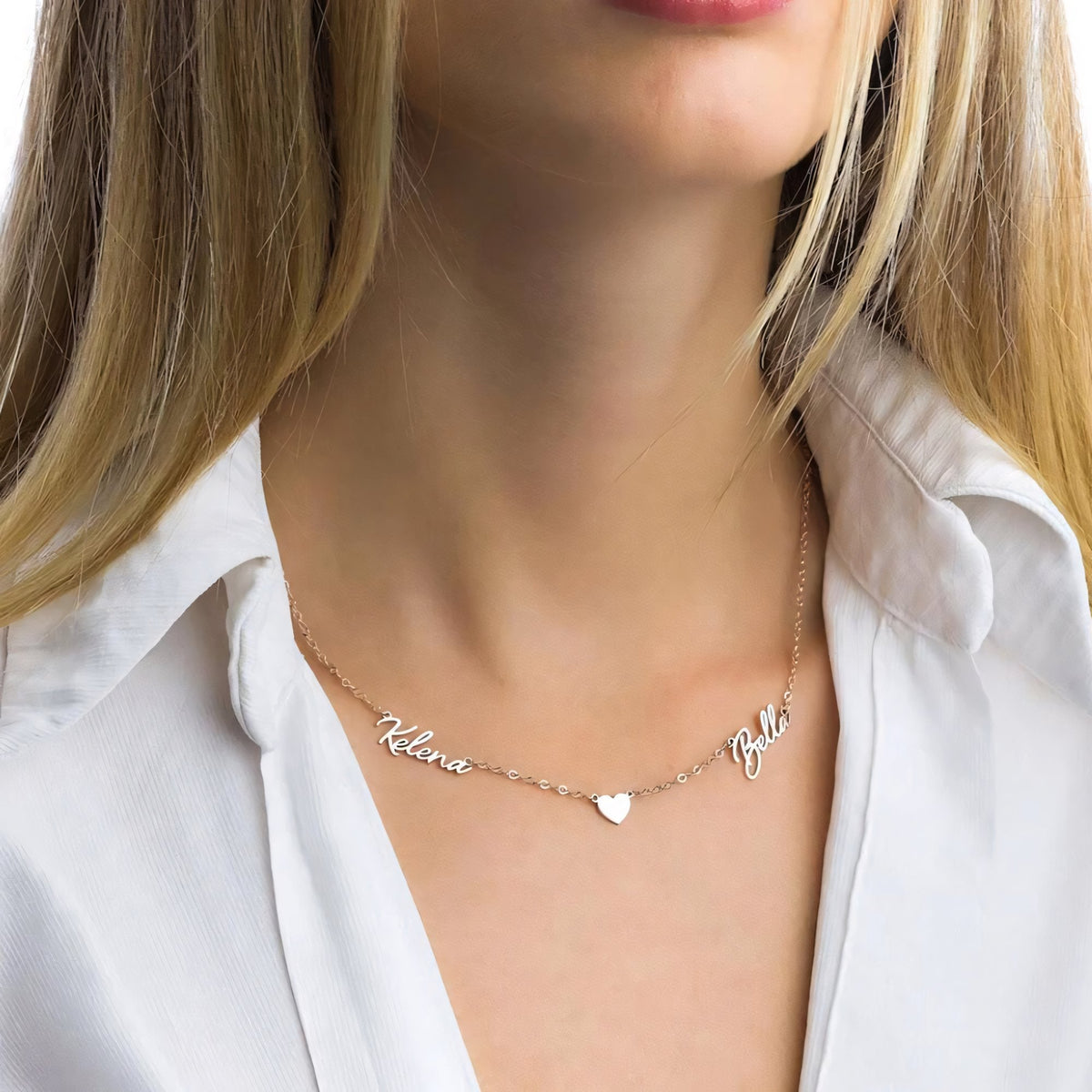 Dainty linked hearts name necklace