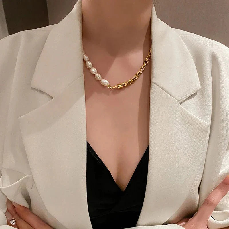 Rope Chain Pearl Contrast Bracelet and Necklace