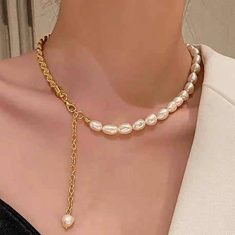Rope chain pearl contrast bracelet and necklace 250285