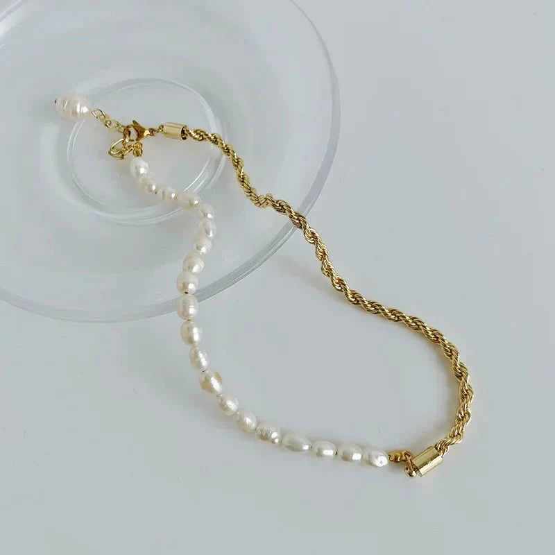 Rope chain pearl contrast bracelet and necklace