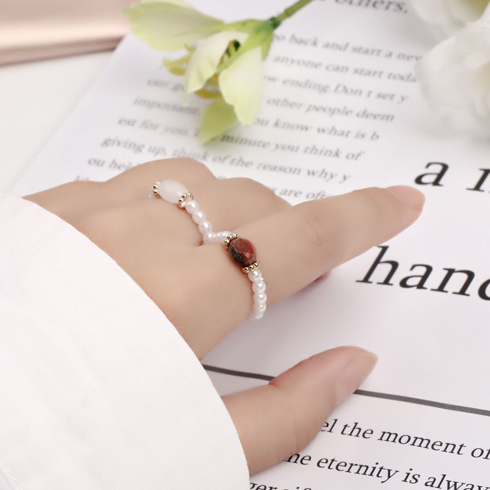 Boho natural stone & pearl stretch rings