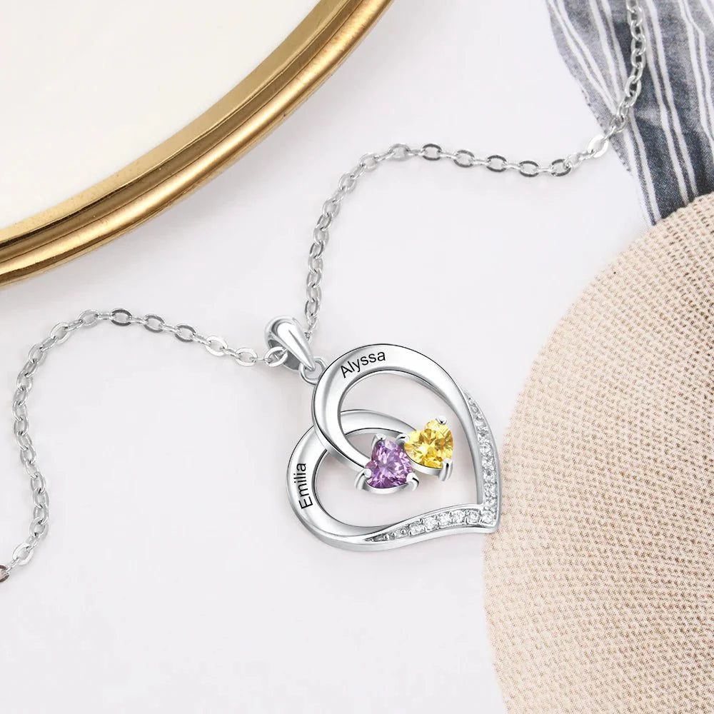 S925 Personalized Two Names & Birthstones Heart Pendant Necklace
