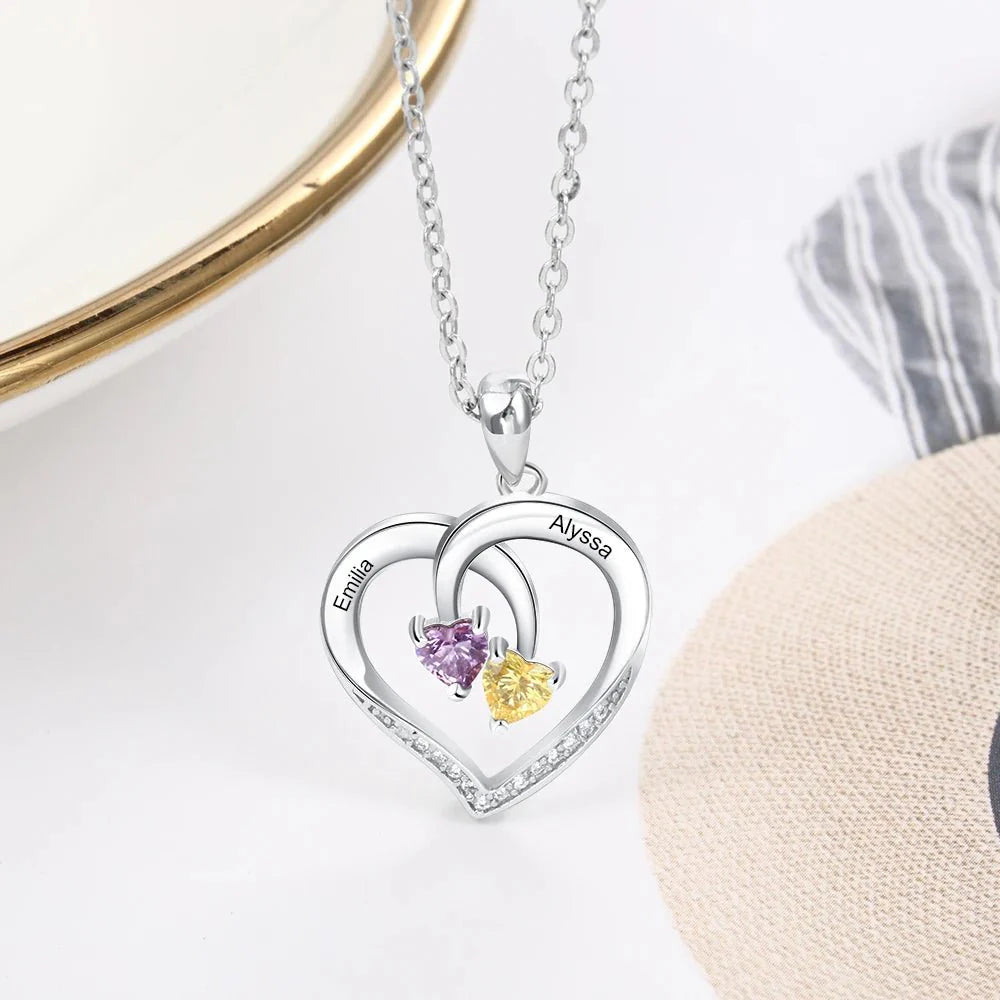 S925 Personalized Two Names & Birthstones Heart Pendant Necklace