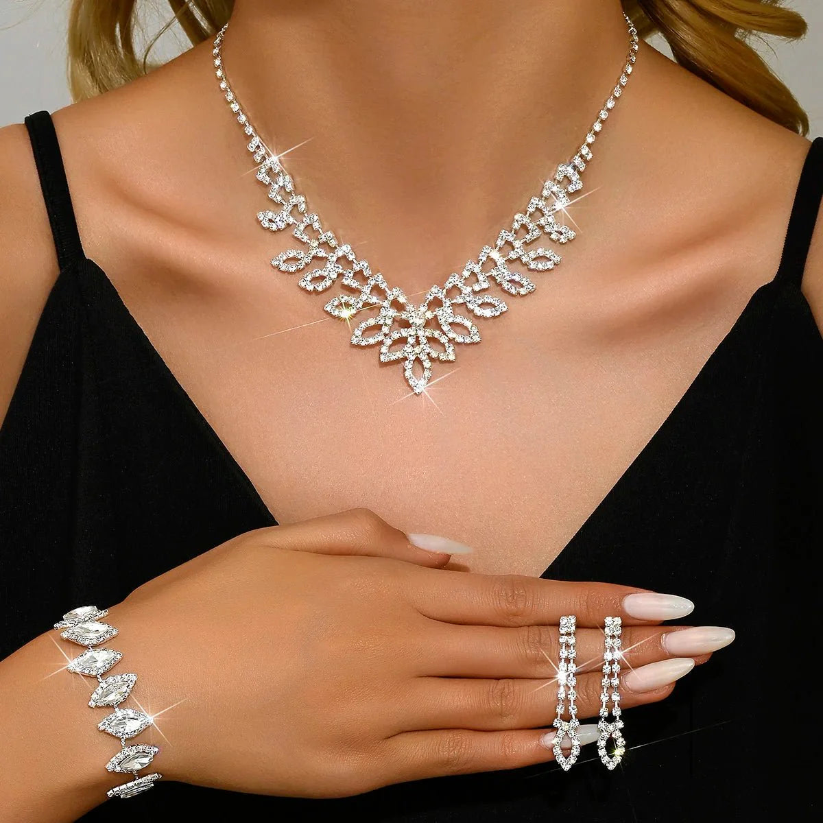 Shimmering oval diamond necklace bracelet and earring set 185212