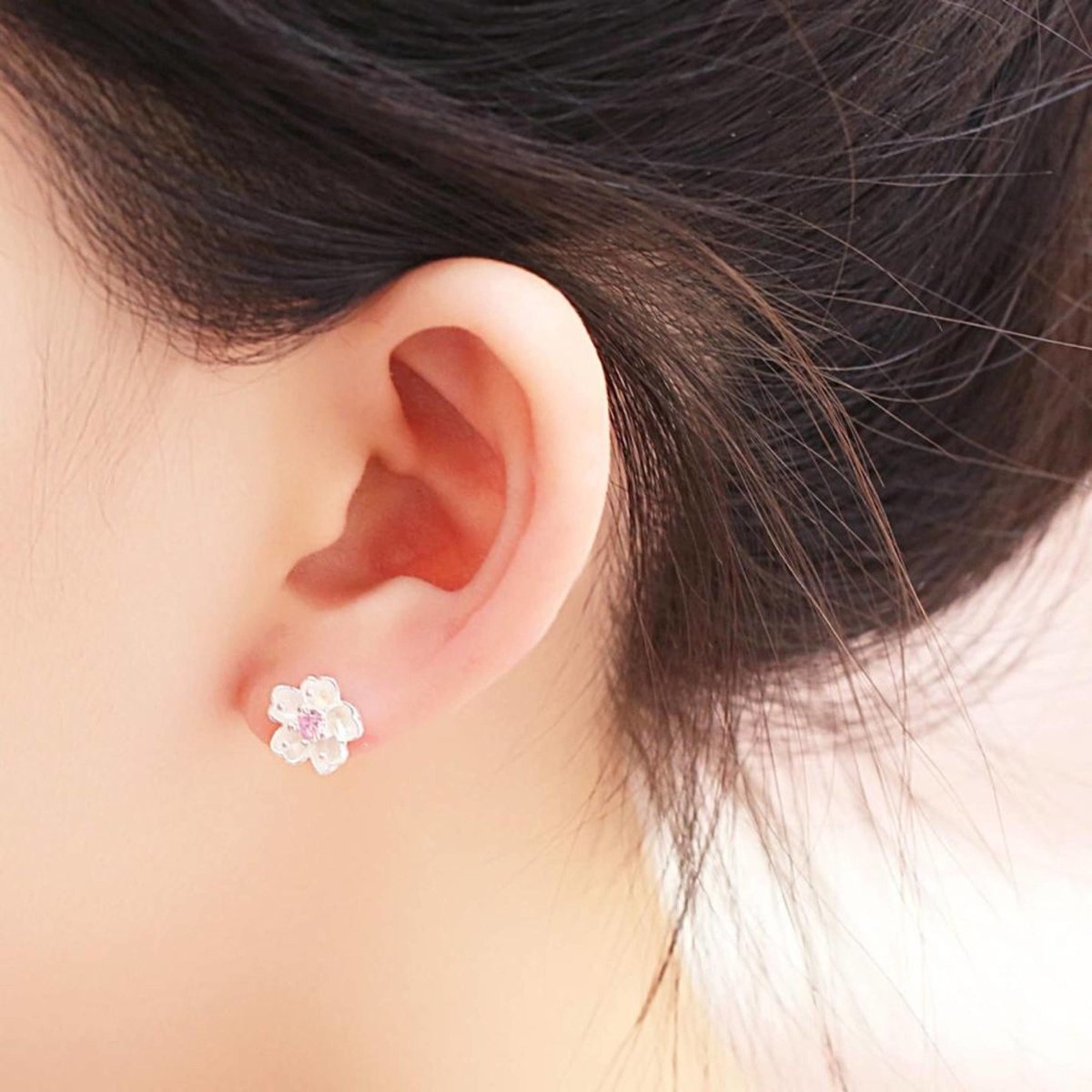 Silver cherry blossom flower stud earrings 743730