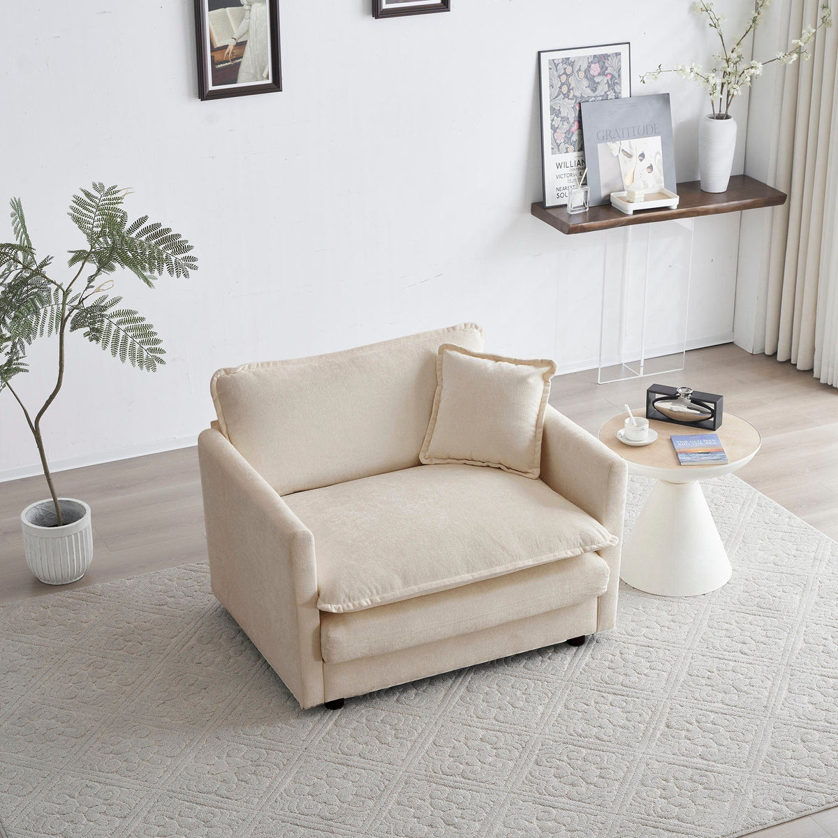 Sofa Chair Set Accent Chair Comfy Beige Chenille Upholstered Deep Single Seat Sofa Armchair with Toss Pillow