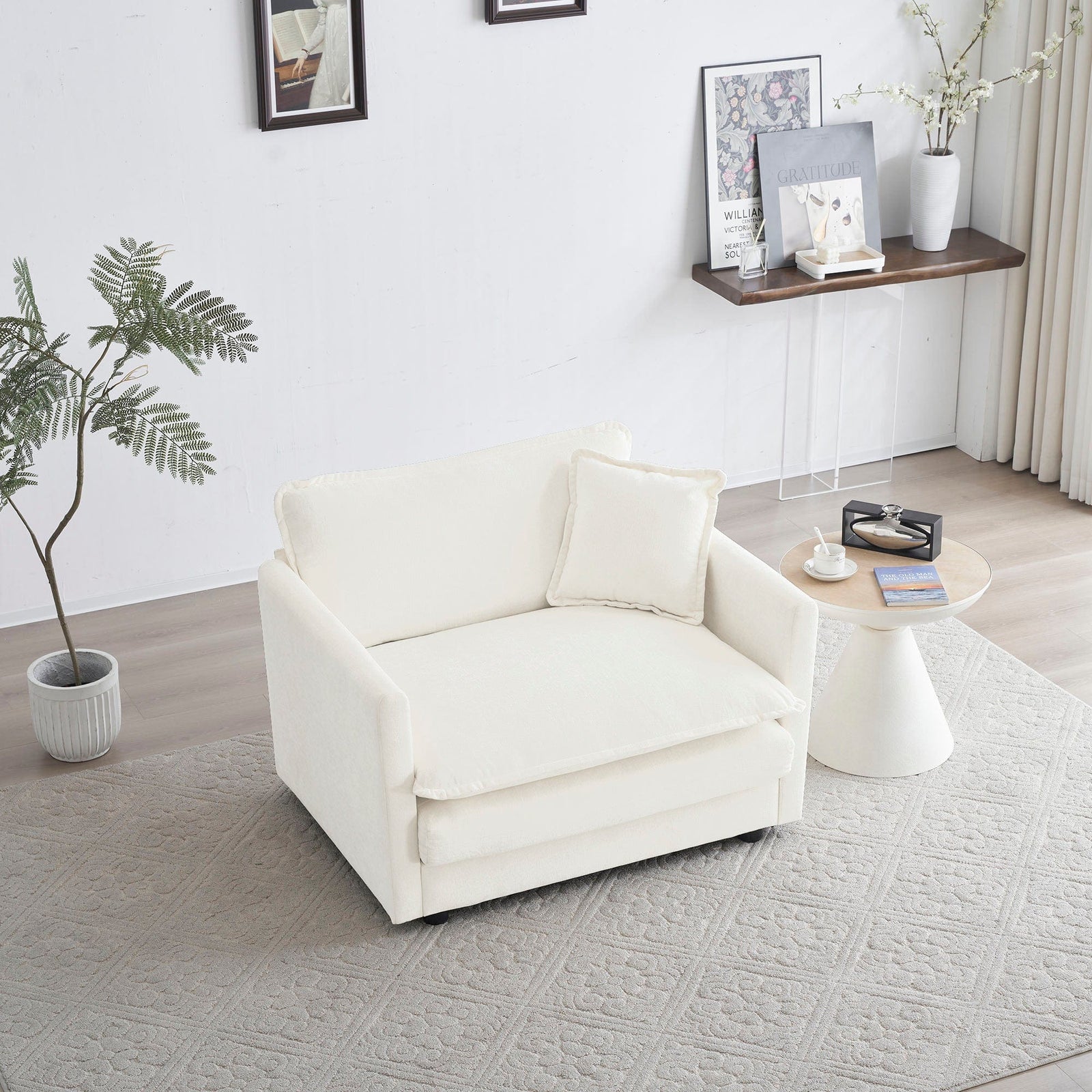 Sofa Chair Set Accent Chair Comfy White Chenille Fabric Deep Seat Single Sofa Armchair with Throw Pillow