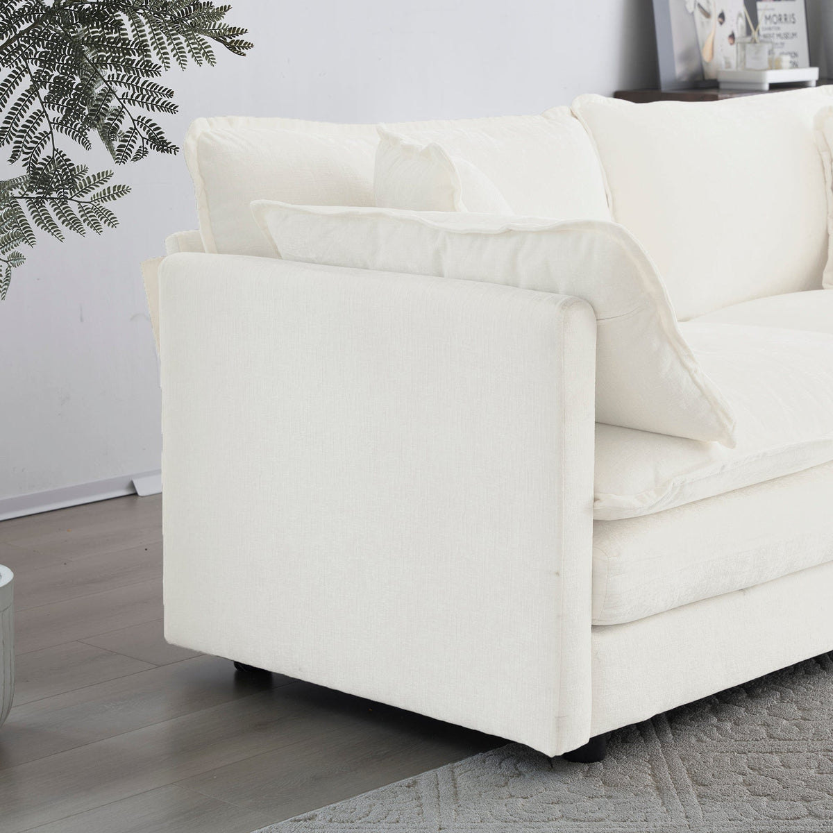 Sofa Chair Set Accent Chair Comfy White Chenille Fabric Deep Seat Single Sofa Armchair with Throw Pillow
