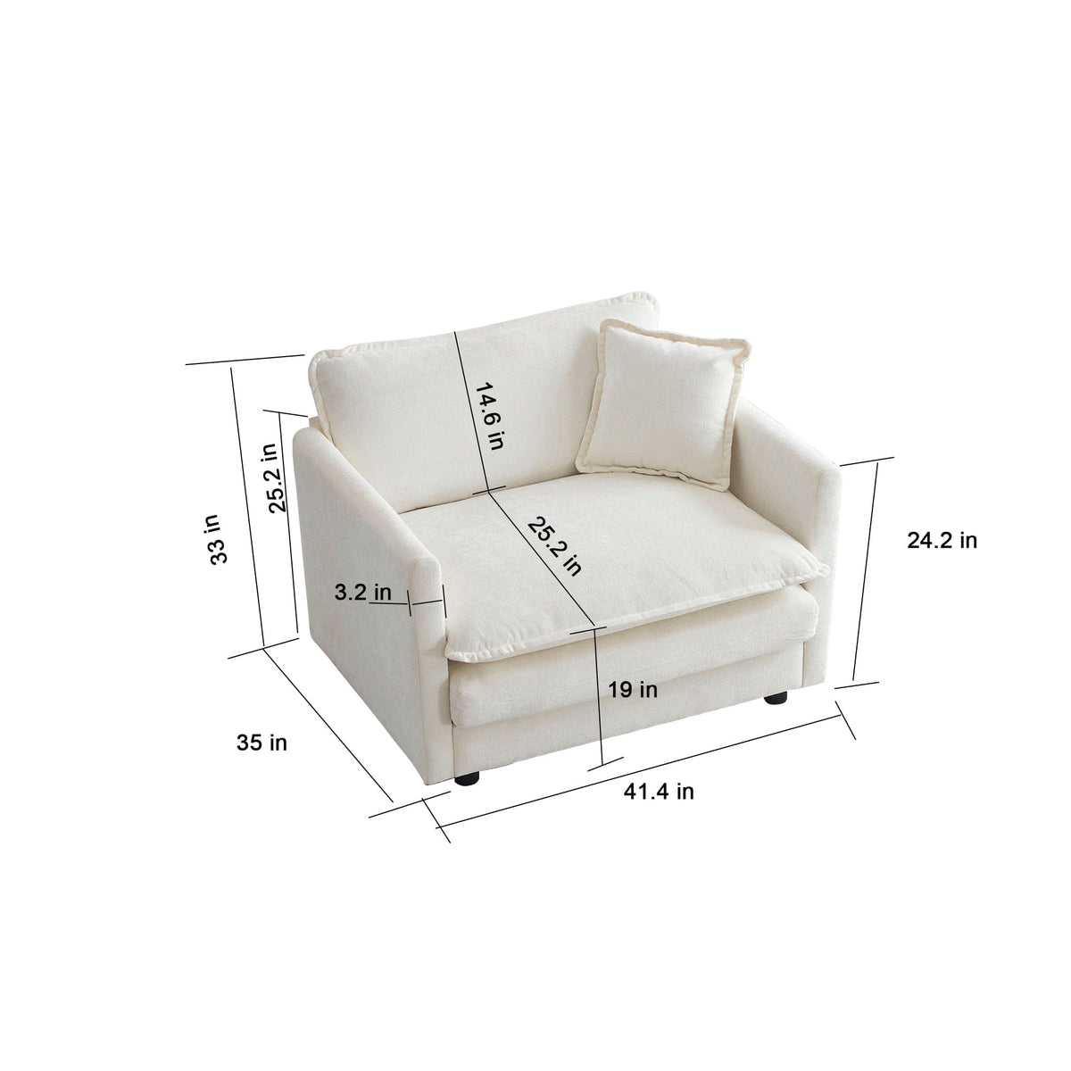 Sofa Chair Set Accent Chair Comfy White Chenille Fabric Deep Seat Single Sofa Armchair with Throw Pillow