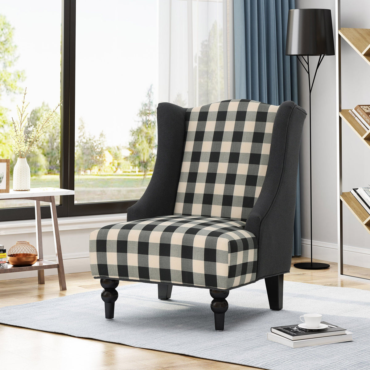 Sofa Chair Set Accent Chair High-Back Fabric Checkerboard Club Chair In Black  &amp; Dark Charcoal