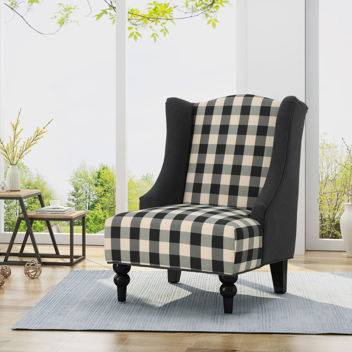 Sofa Chair Set Accent Chair High-Back Fabric Checkerboard Club Chair In Black  & Dark Charcoal