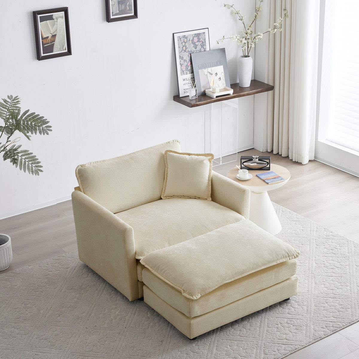 Sofa Chair Set Accent Chair Modern Accent Chair with Ottoman - Beige Chenille Upholstered Living Room Club Chair