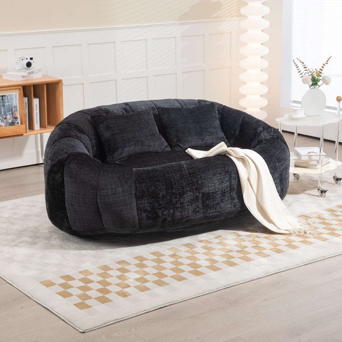 Sofa Chair Set Bean Bag Chair Comfortable High-Back Bean Bag Couch in Black Chenille