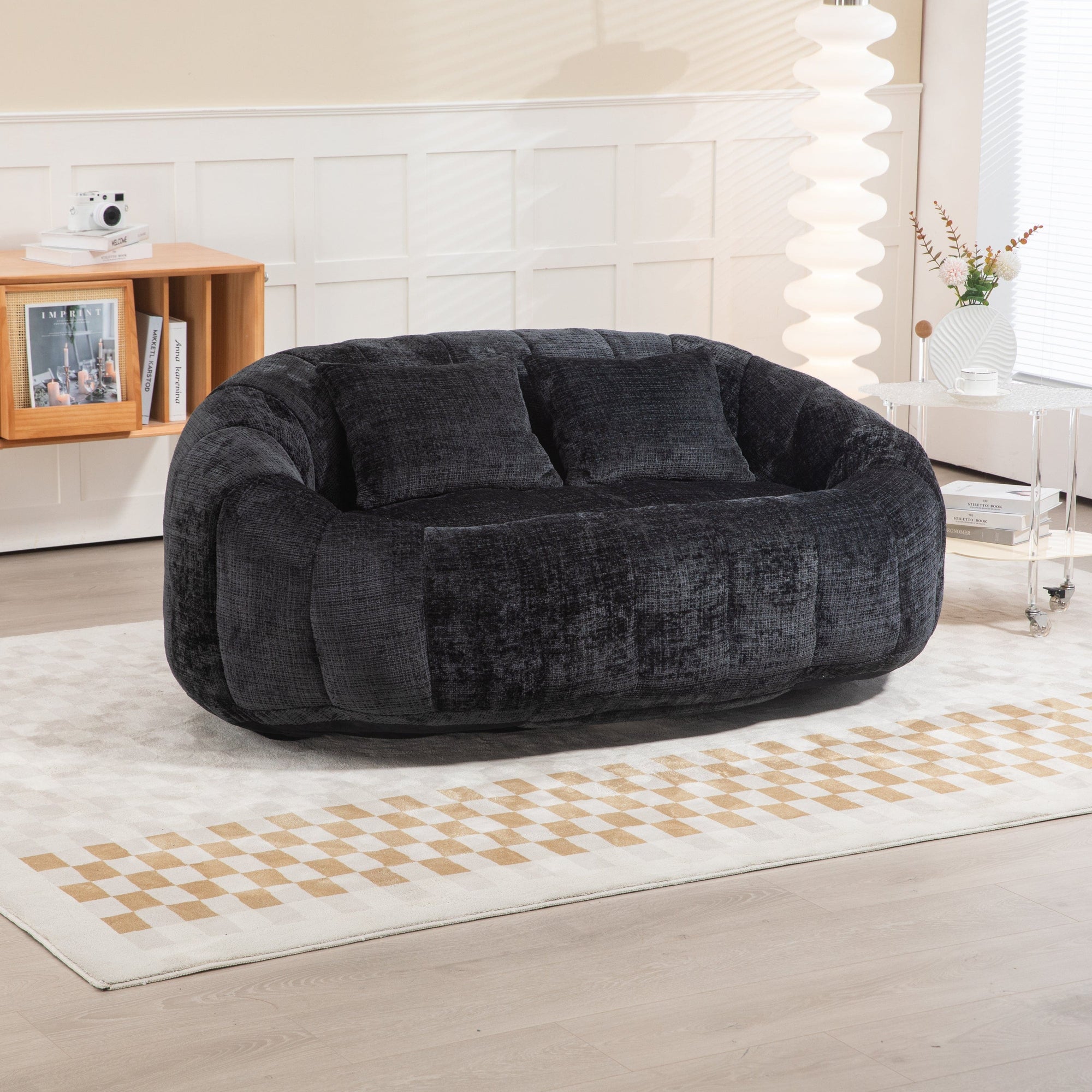Sofa Chair Set Bean Bag Chair Comfortable High-Back Bean Bag Couch in Black Chenille