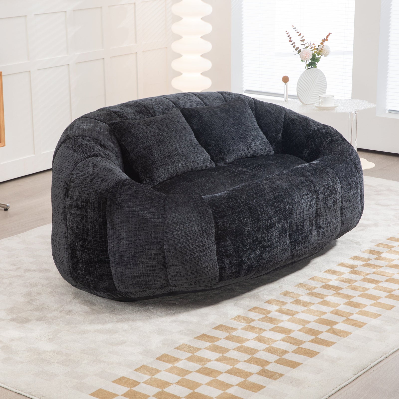 Sofa Chair Set Bean Bag Chair Comfortable High-Back Bean Bag Couch in Black Chenille