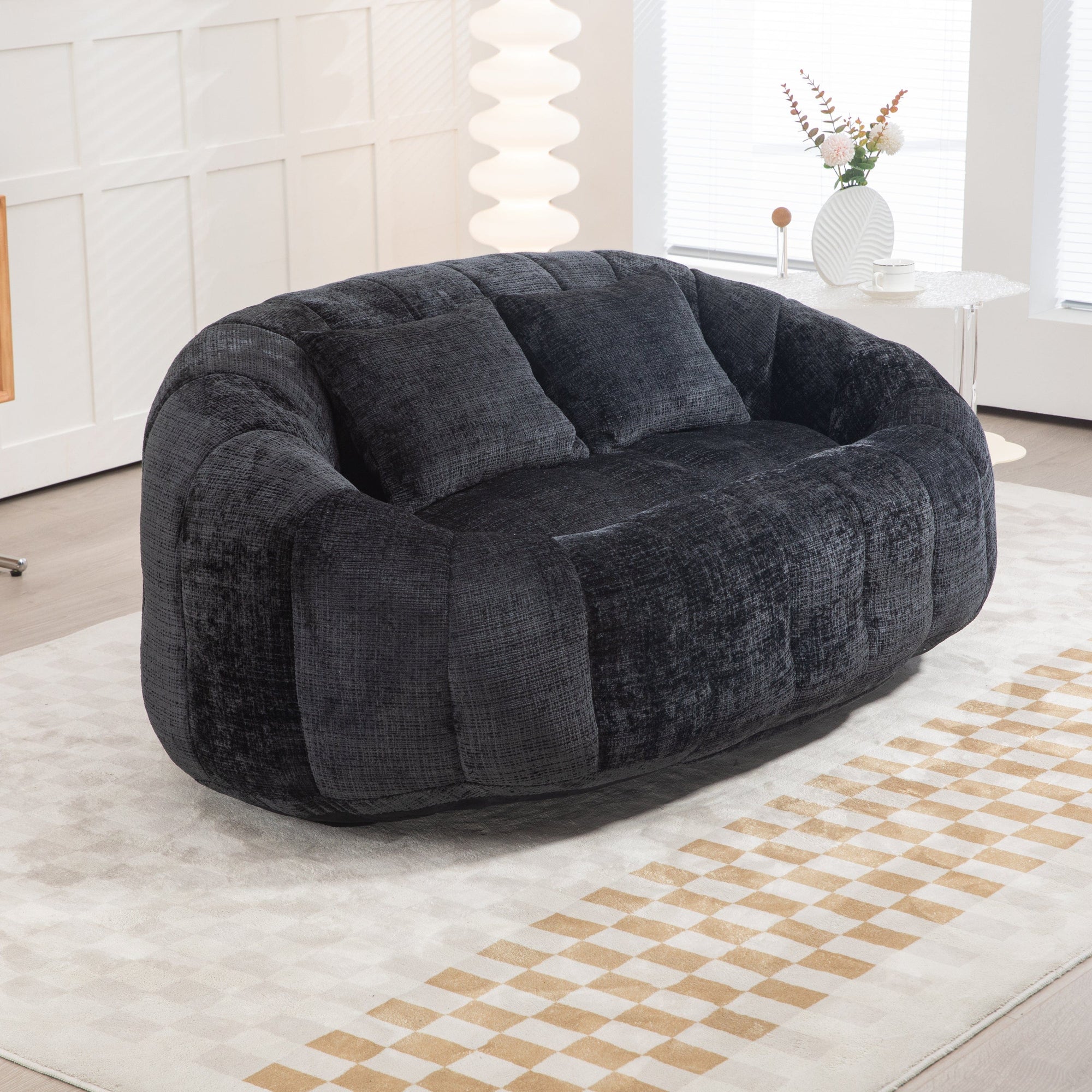 Sofa Chair Set Bean Bag Chair Comfortable High-Back Bean Bag Couch in Black Chenille