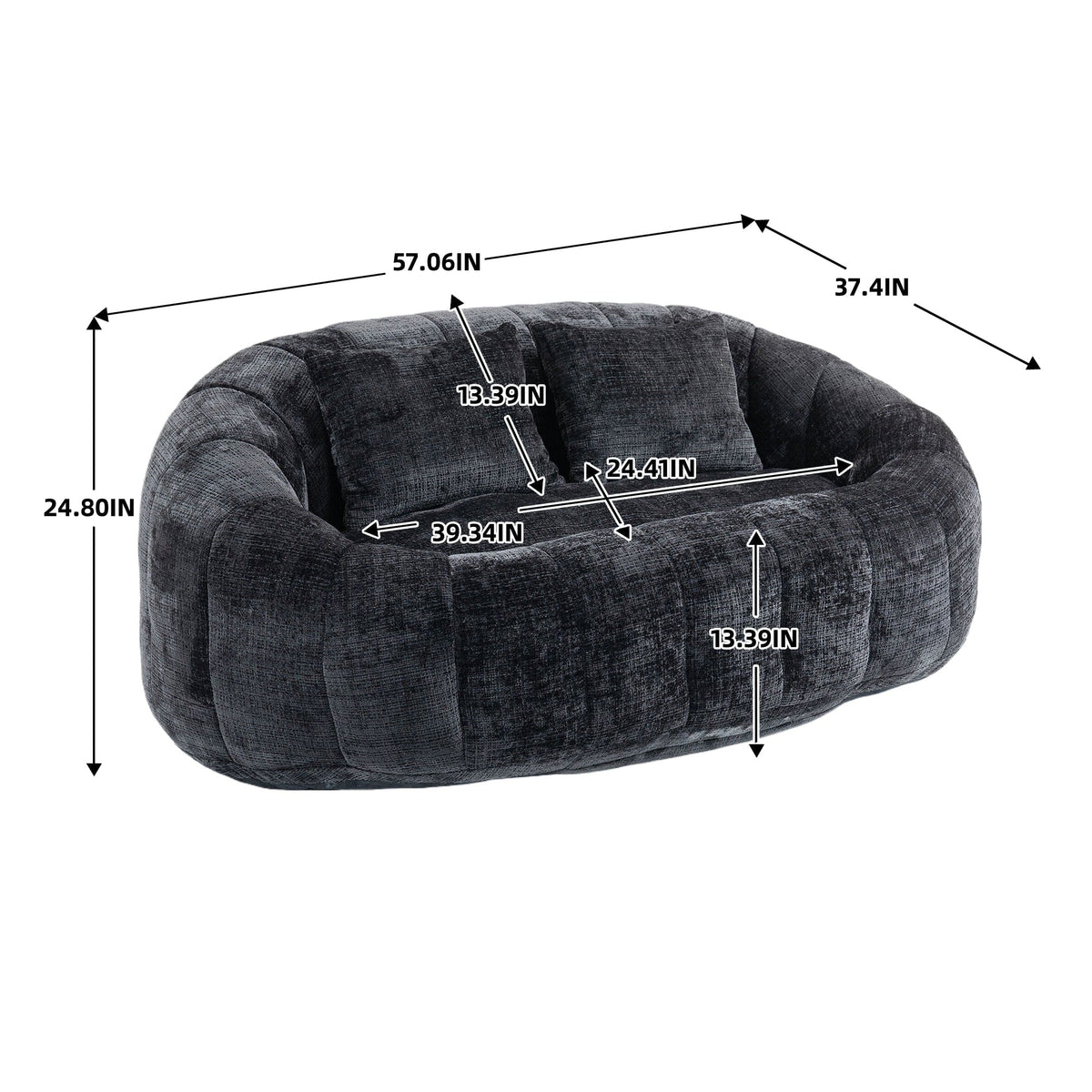 Sofa Chair Set Bean Bag Chair Comfortable High-Back Bean Bag Couch in Black Chenille