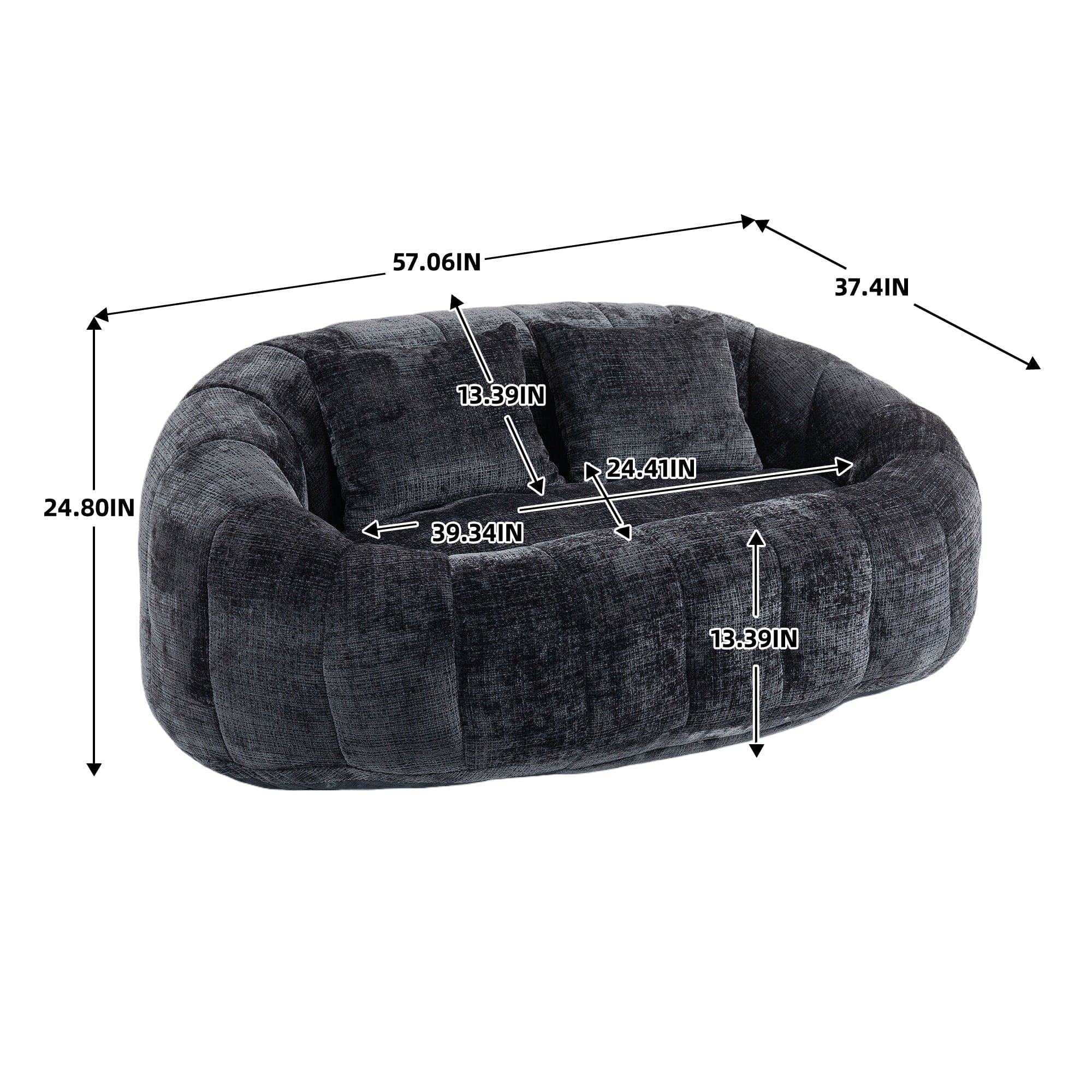 Sofa Chair Set Bean Bag Chair Comfortable High-Back Bean Bag Couch in Black Chenille