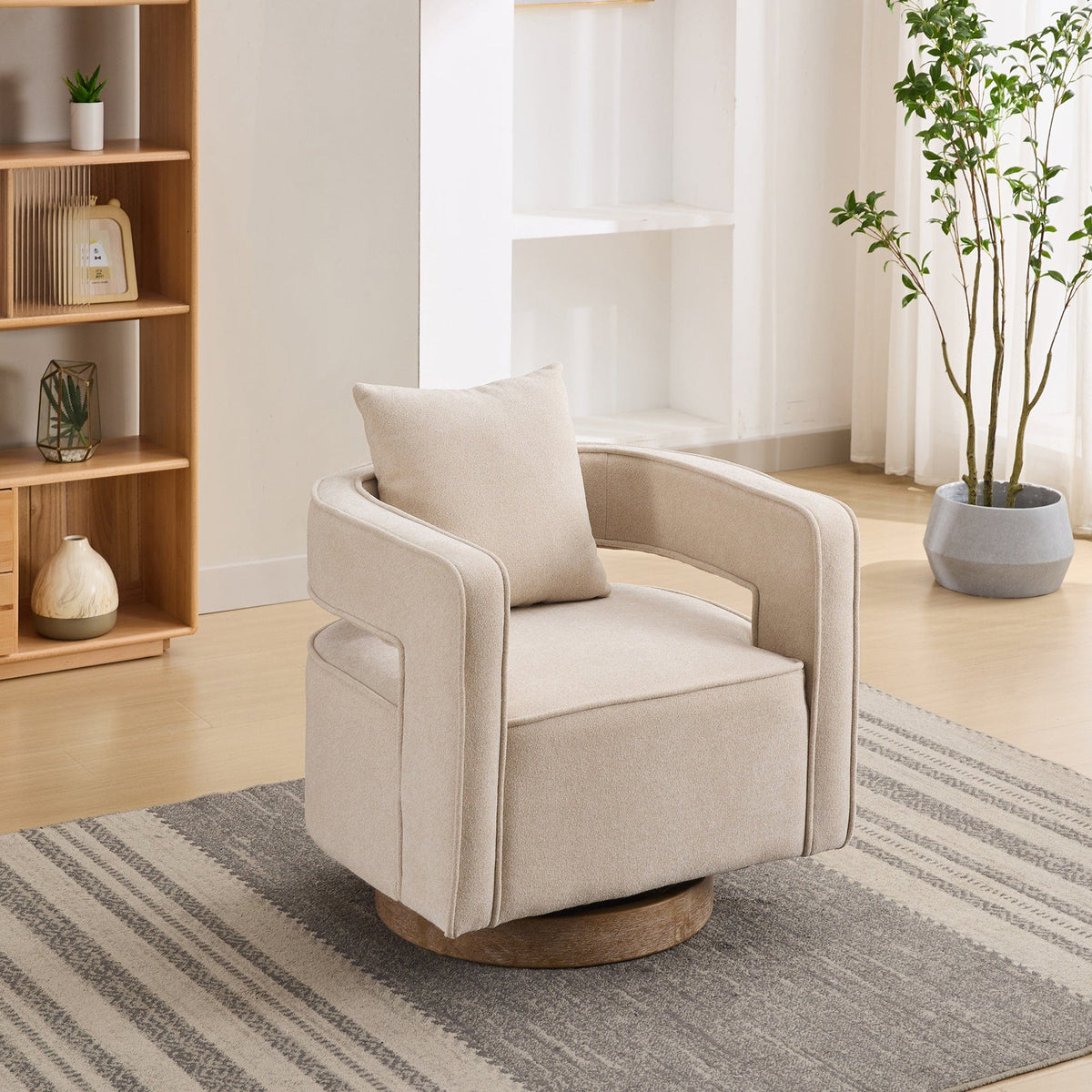 Sofa Chair Set Swivel Chair Open Back Beige Linen Blend Swivel Accent Chair With Weathered Base