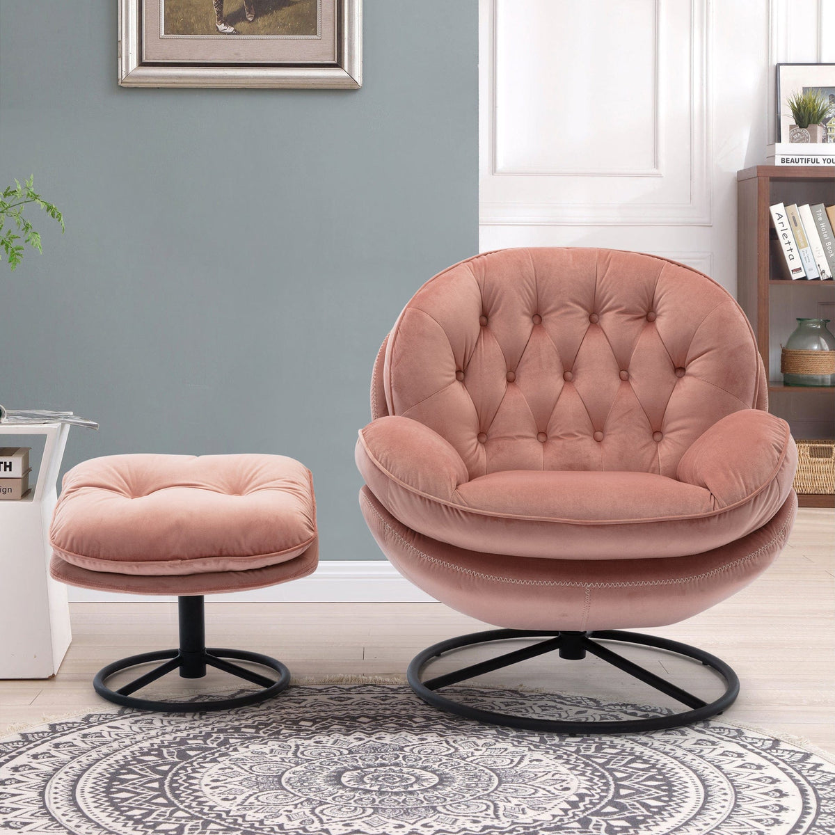 Sofa Chair Set Swivel Chair Pink Velvet Accent Chair with Ottoman Set