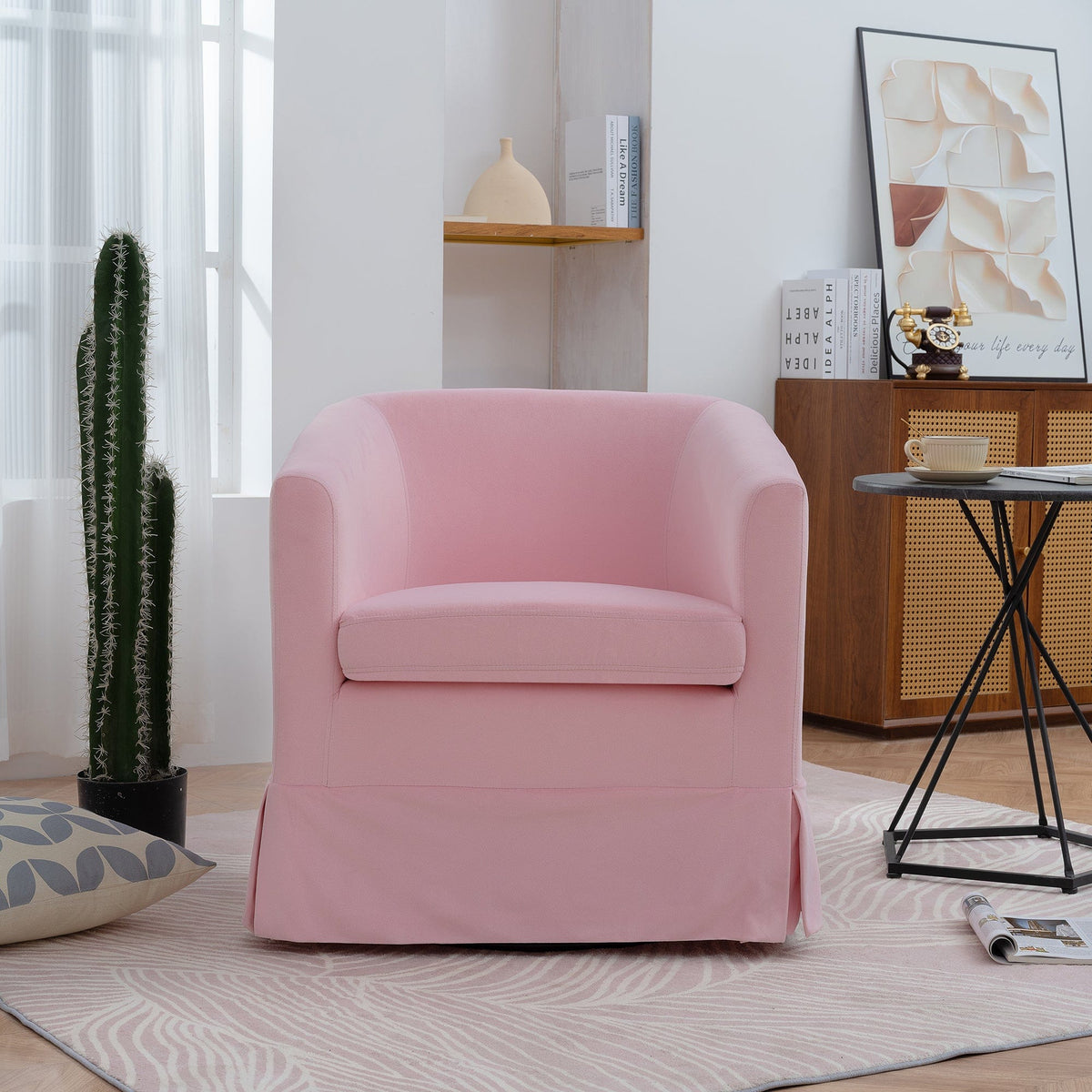 Sofa Chair Set Swivel Chair Pink Velvet Swivel Chair with 360° Rotation and Comfortable Cushioning