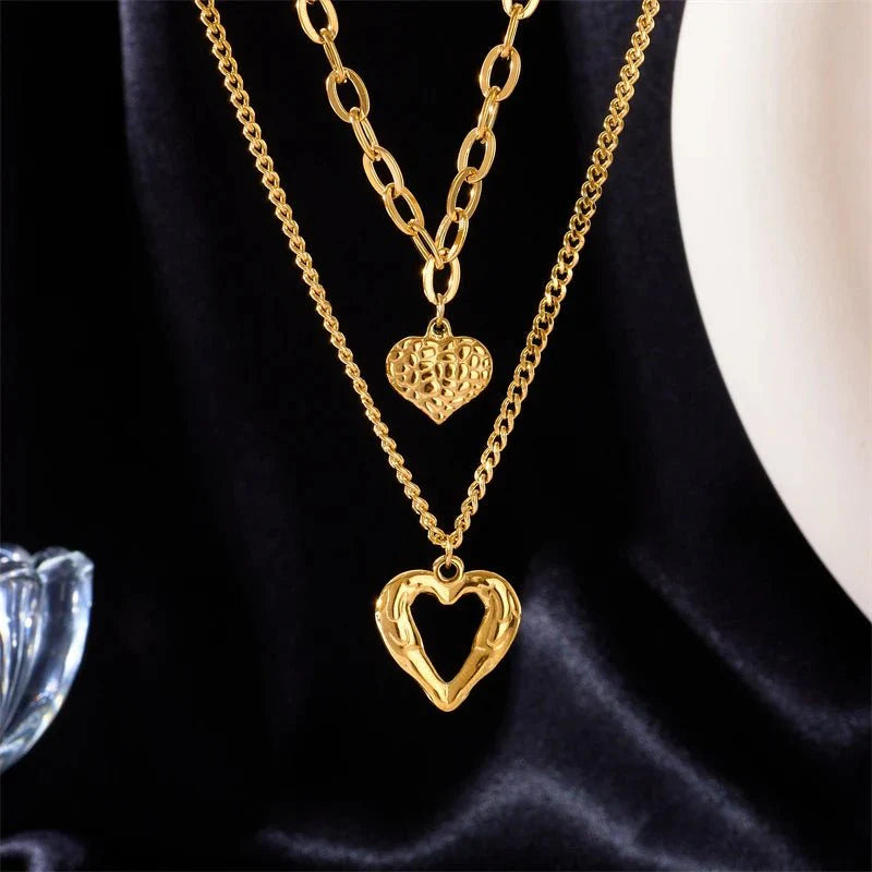 Stacked golden heart contrast necklaces