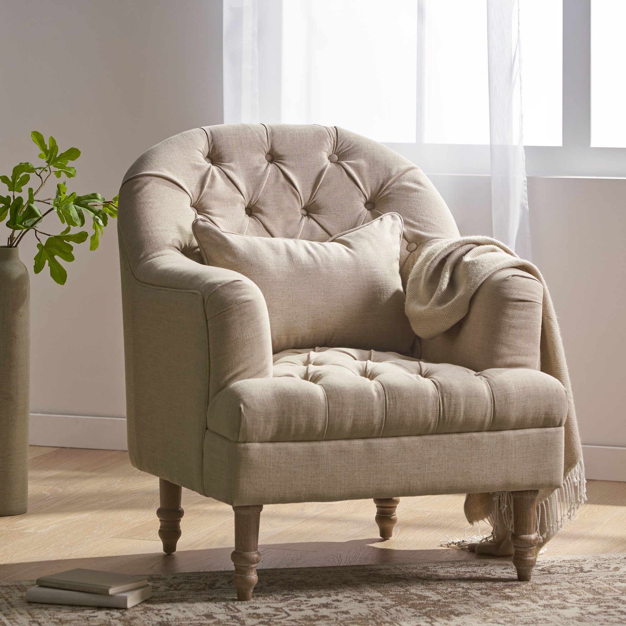 Anatasia Beige Tufted Fabric Armchair