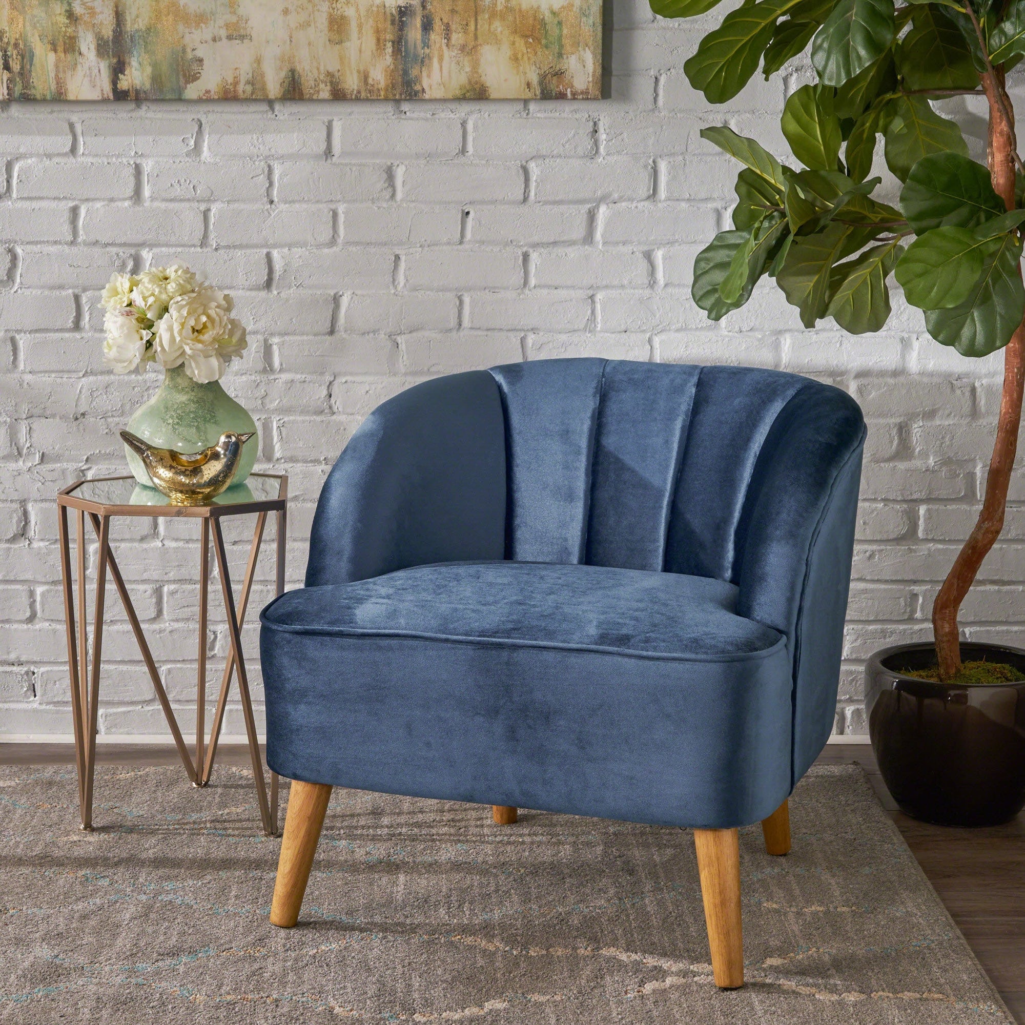 THE FURNITURE CO. Accent Chair Antique Navy Blue Velvet Mid-Century Club Chair