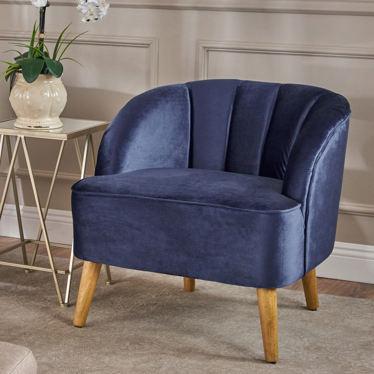 THE FURNITURE CO. Accent Chair Antique Navy Blue Velvet Mid-Century Club Chair