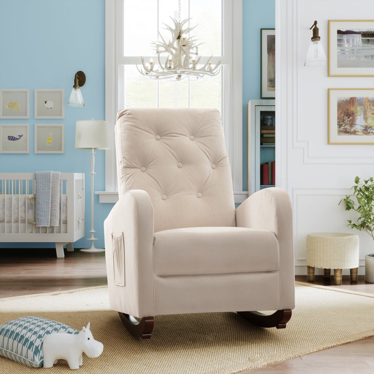 THE FURNITURE CO. Accent Chair Baby Room High Back Beige Velvet Rocking Chair