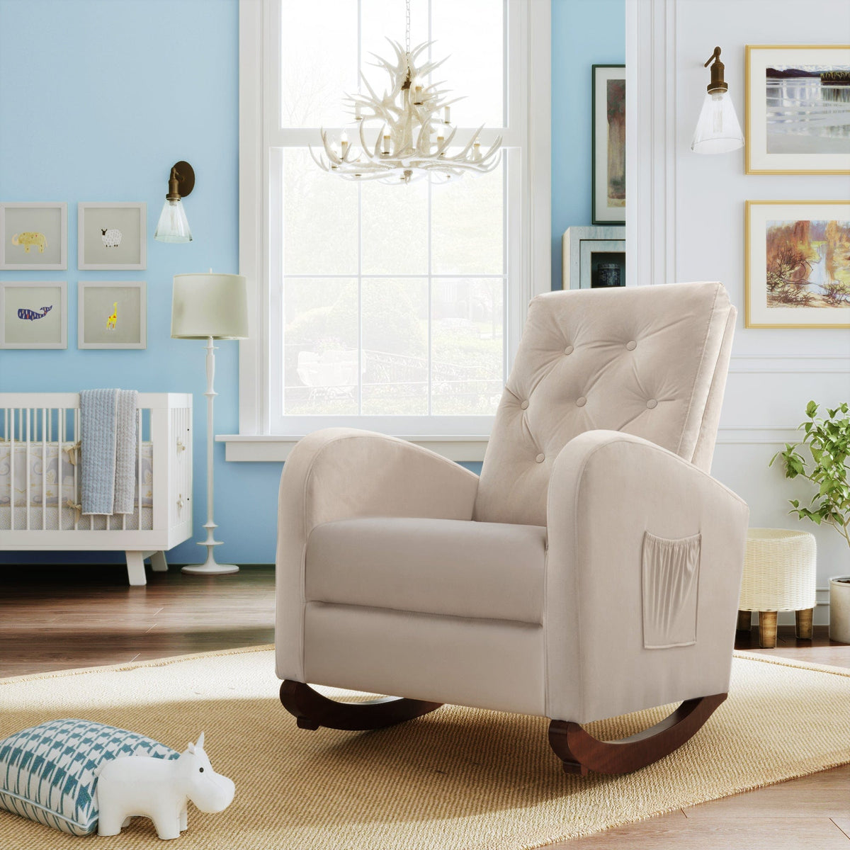 THE FURNITURE CO. Accent Chair Baby Room High Back Beige Velvet Rocking Chair