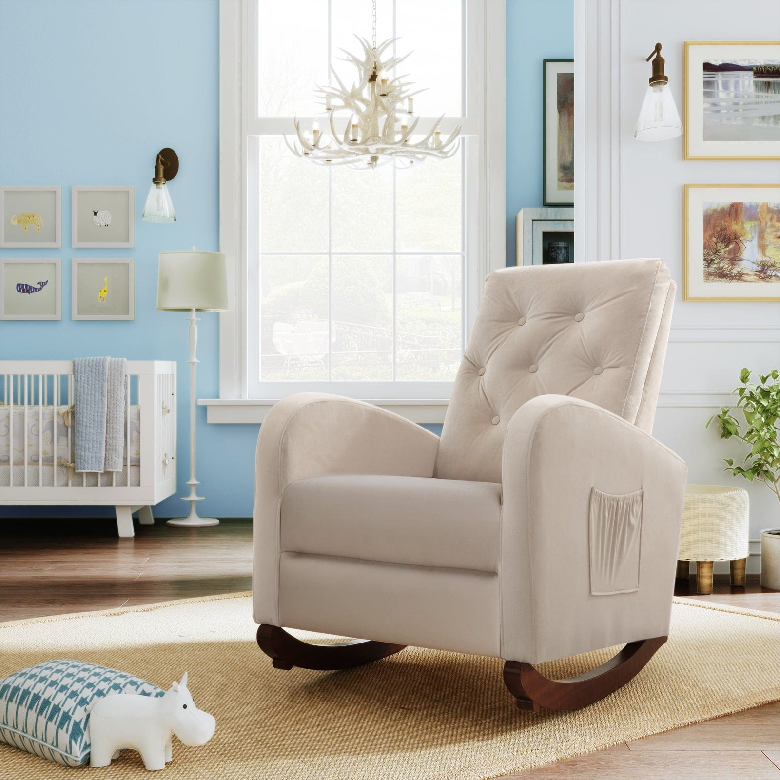 THE FURNITURE CO. Accent Chair Baby Room High Back Beige Velvet Rocking Chair