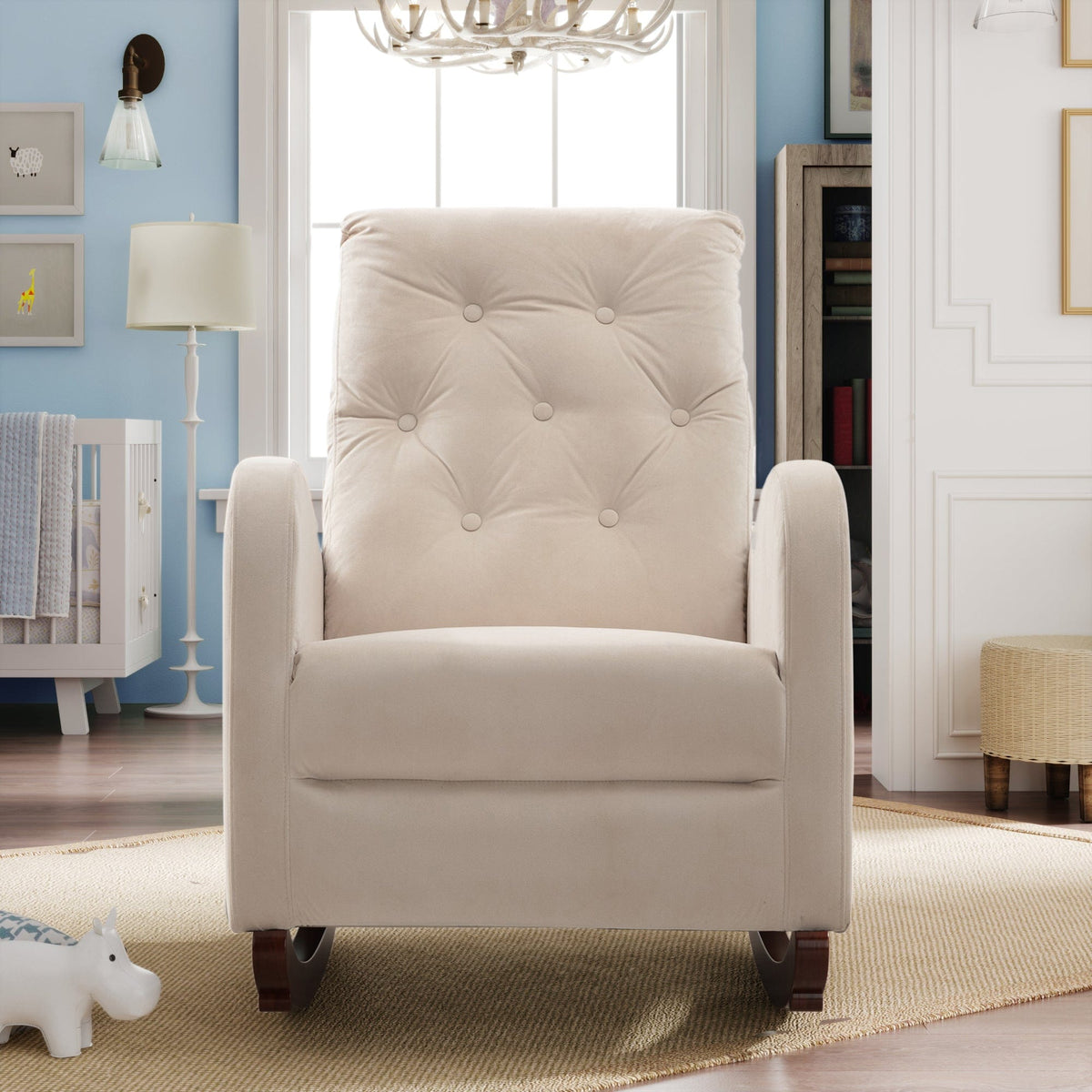 THE FURNITURE CO. Accent Chair Baby Room High Back Beige Velvet Rocking Chair