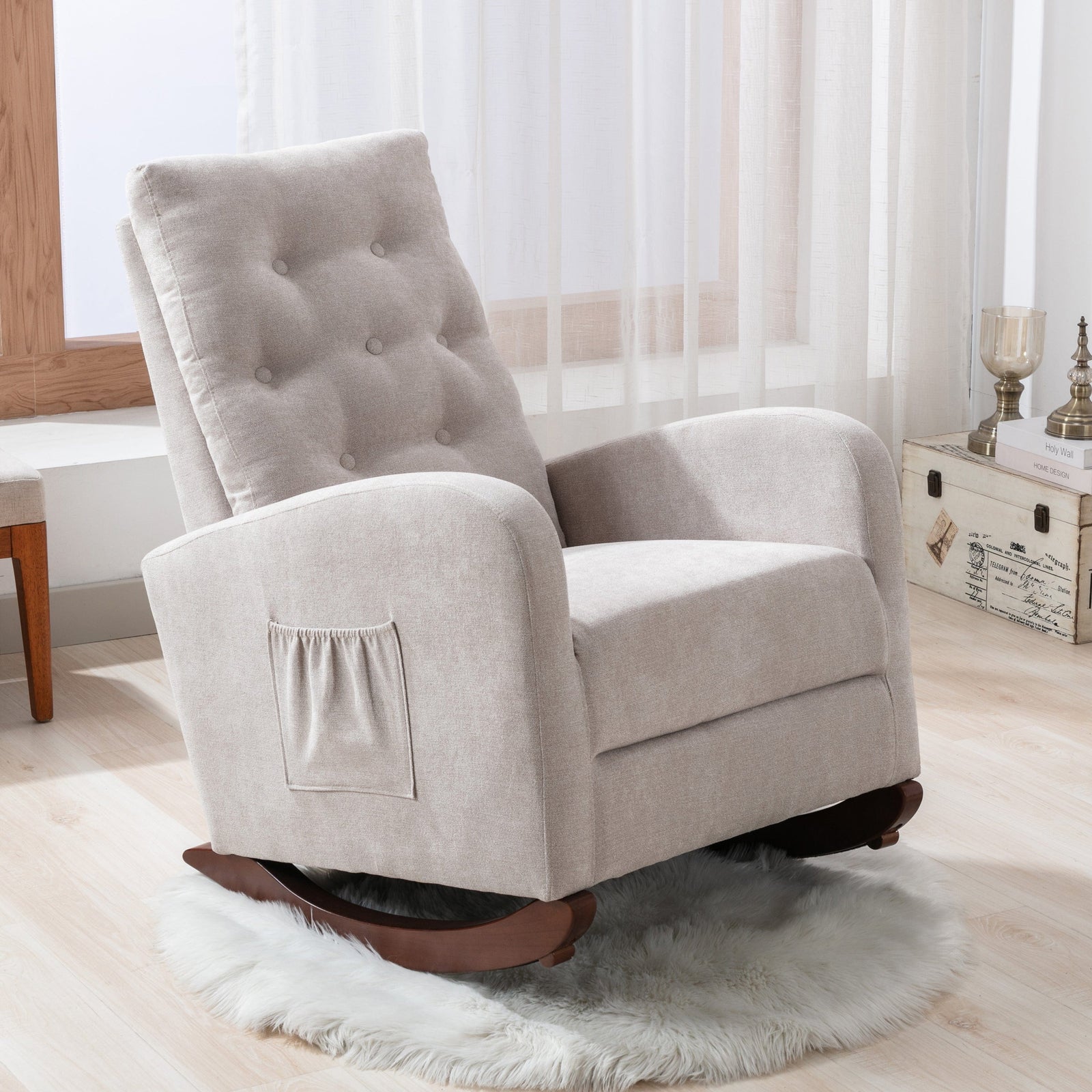 THE FURNITURE CO. Accent Chair Baby Room High Back Tan Cotton Rocking Chair