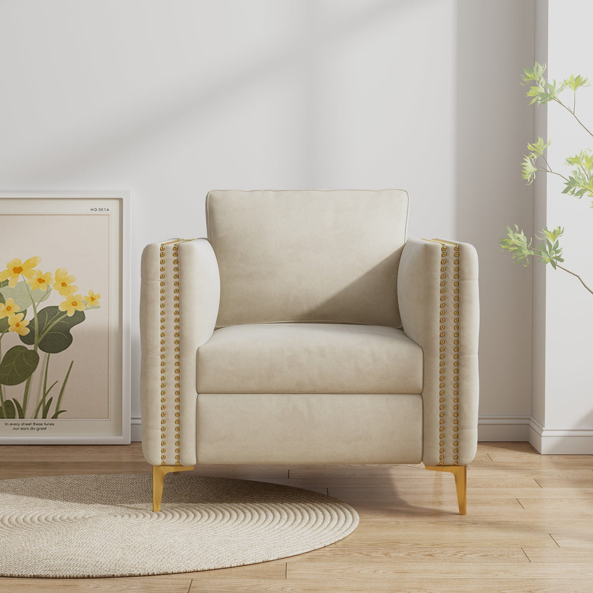 THE FURNITURE CO. Accent Chair Beige Velvet Accent Chair with Gold Metal Legs