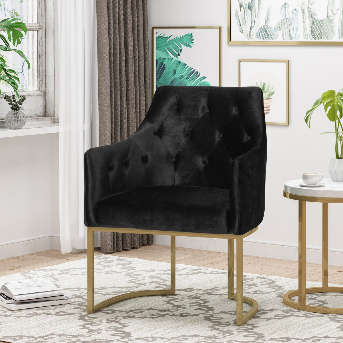 THE FURNITURE CO. Accent Chair Black Altay Velvet Modern Glam Accent Chair with Gold Accents