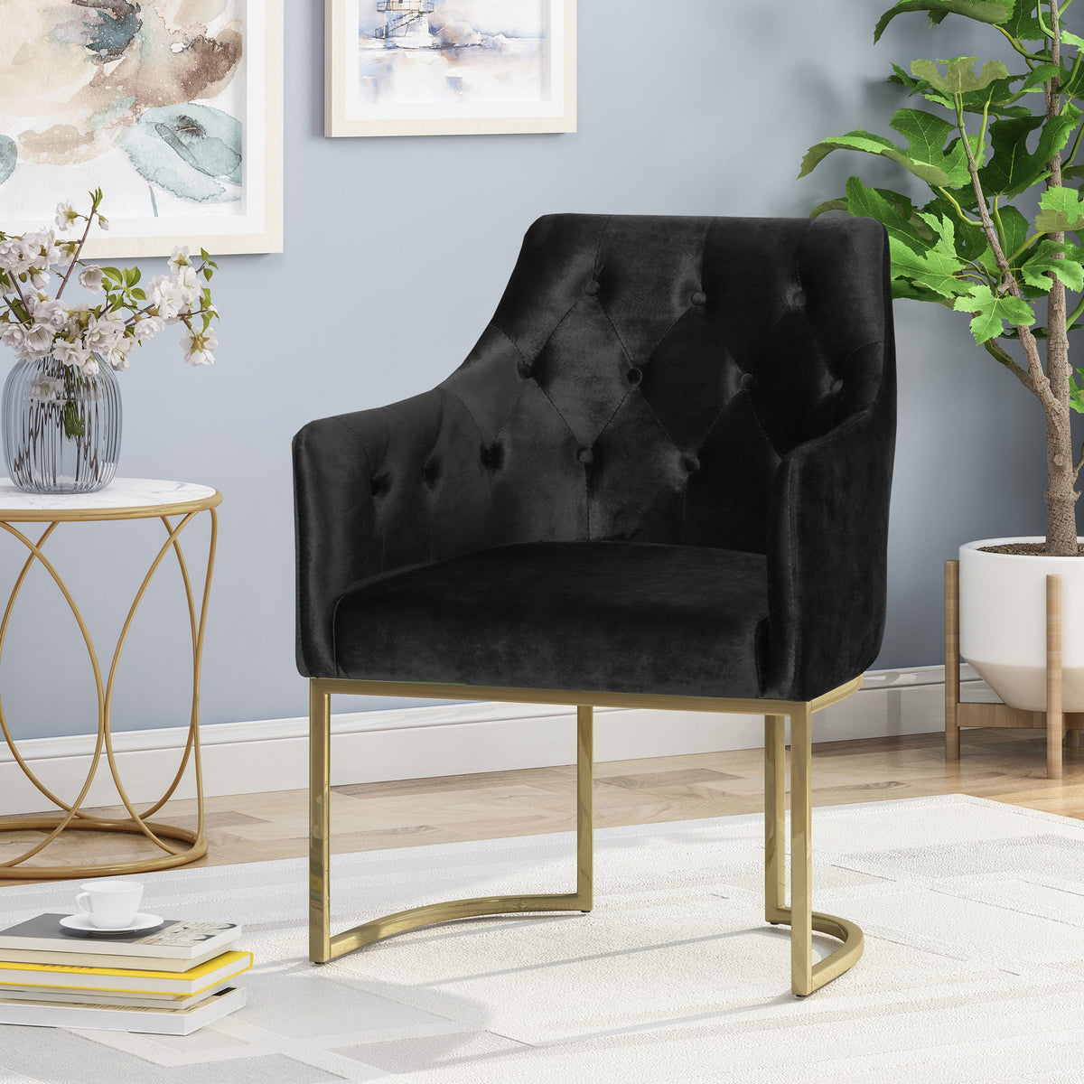 THE FURNITURE CO. Accent Chair Black Altay Velvet Modern Glam Accent Chair with Gold Accents