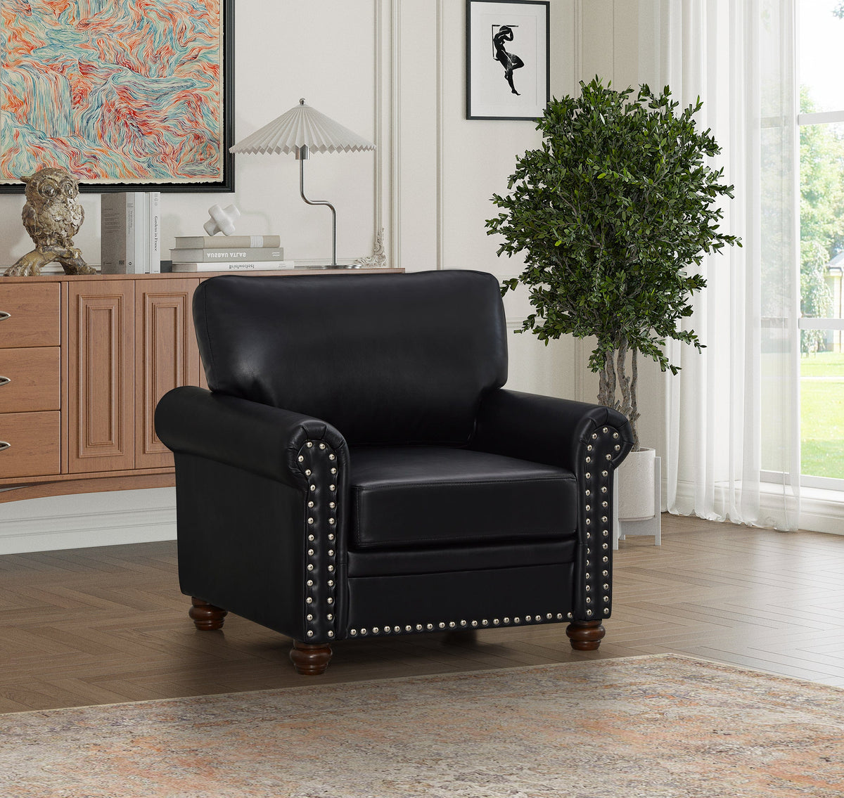 THE FURNITURE CO. Accent Chair Black Faux Leather Single Seat Chair with Wooden Legs
