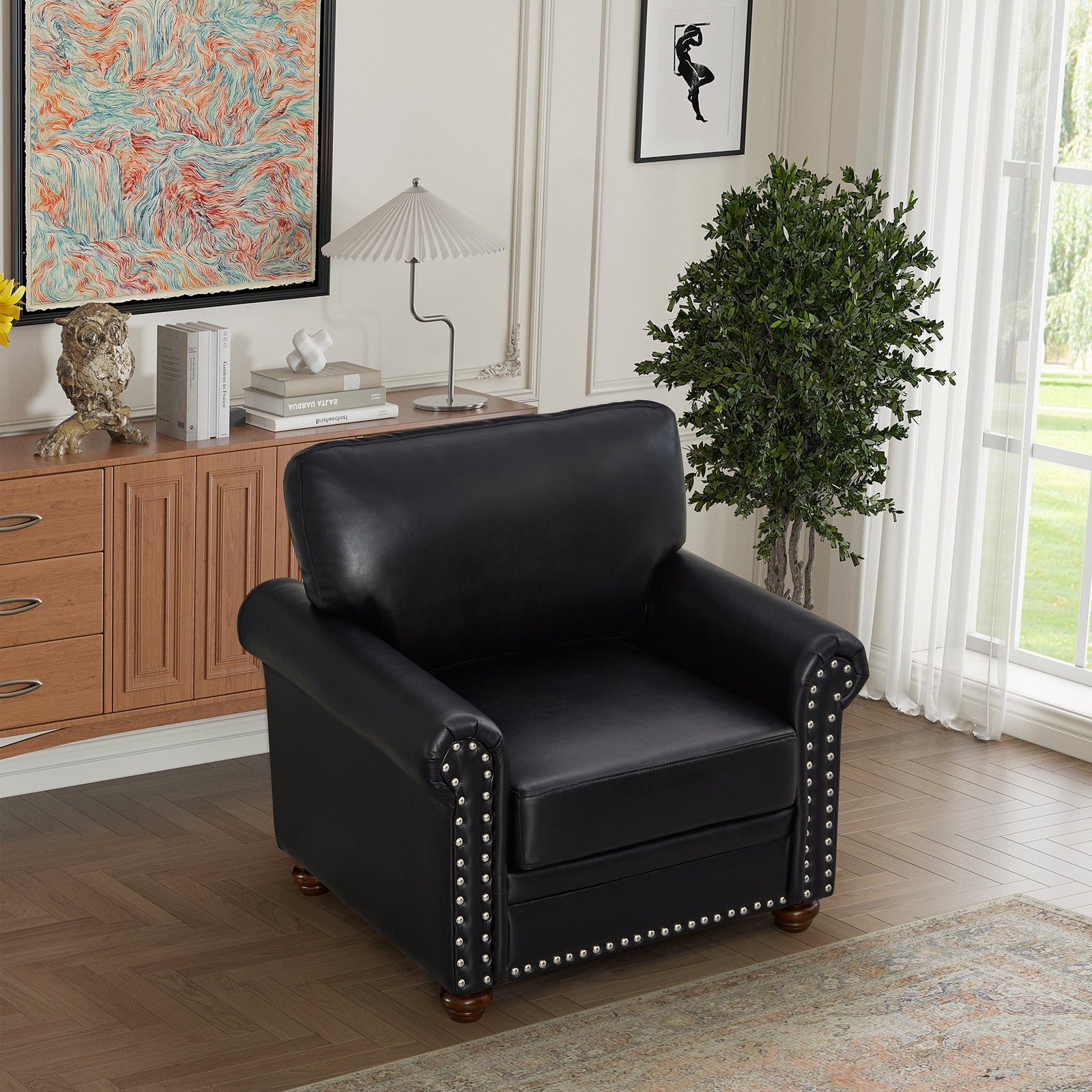 THE FURNITURE CO. Accent Chair Black Faux Leather Single Seat Chair with Wooden Legs