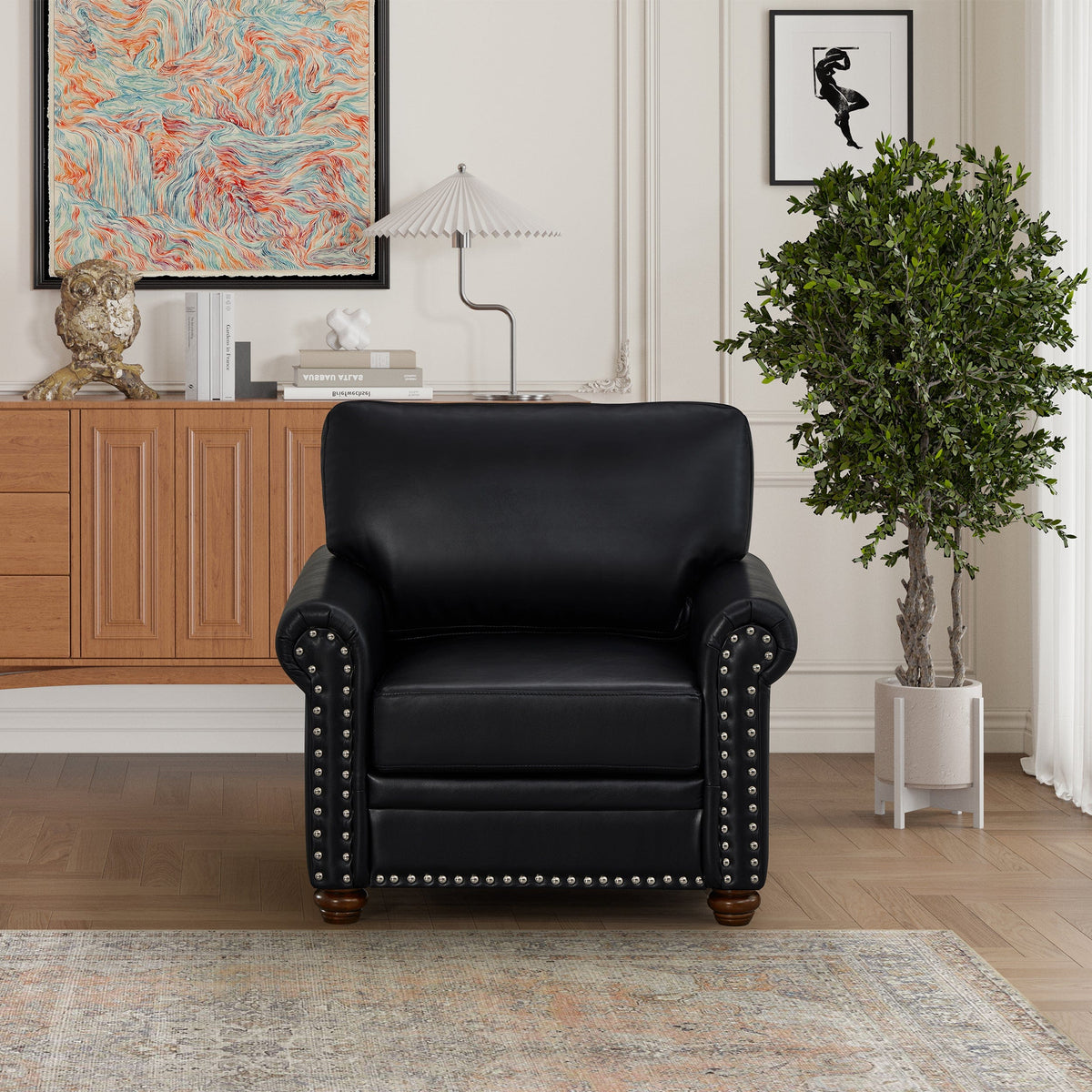 THE FURNITURE CO. Accent Chair Black Faux Leather Single Seat Chair with Wooden Legs
