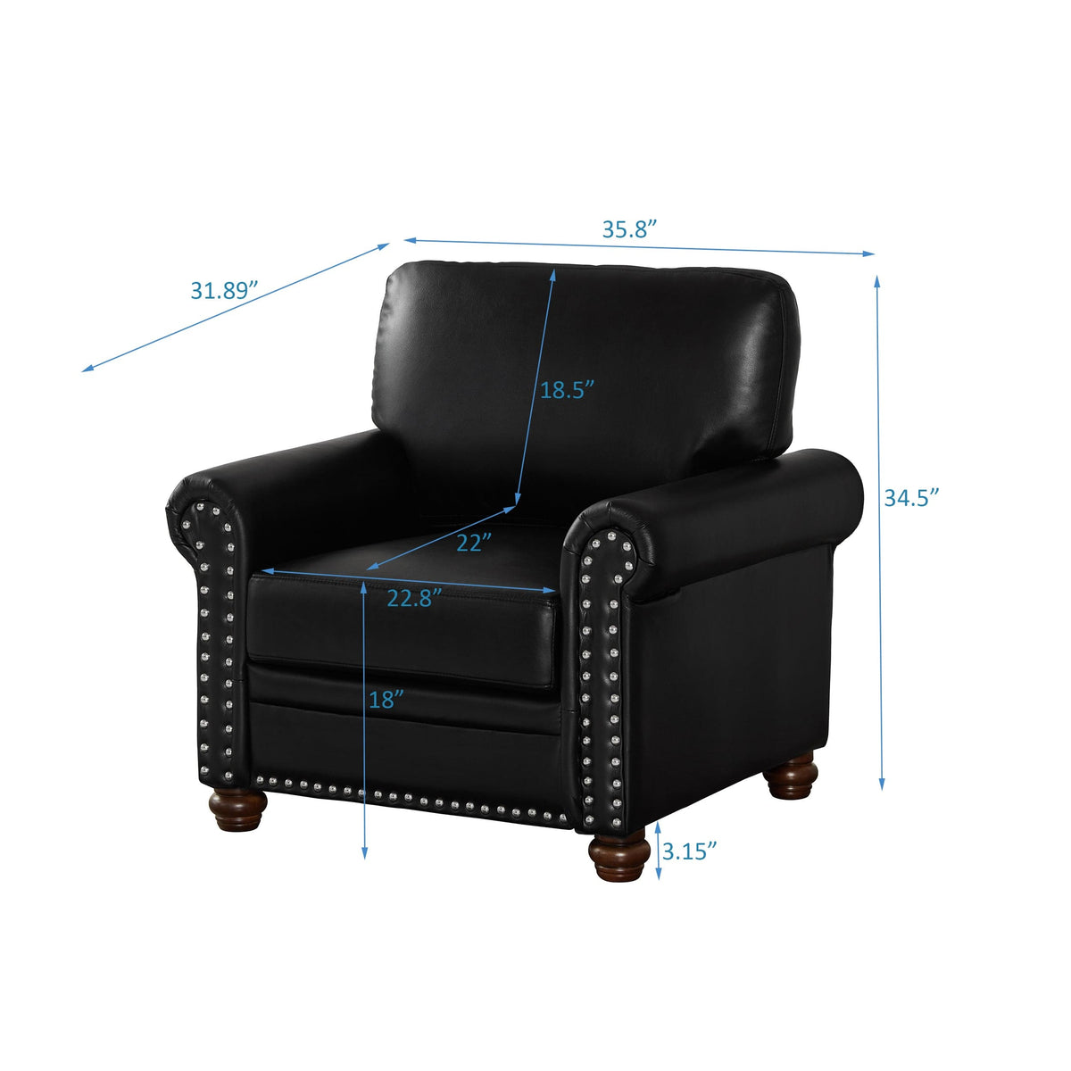 THE FURNITURE CO. Accent Chair Black Faux Leather Single Seat Chair with Wooden Legs