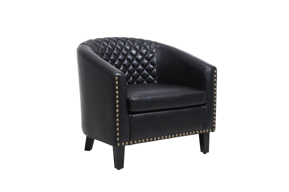 THE FURNITURE CO. Accent Chair Black Leather Barrel Accent Chair With Nailheads &amp; Solid Wood Legs